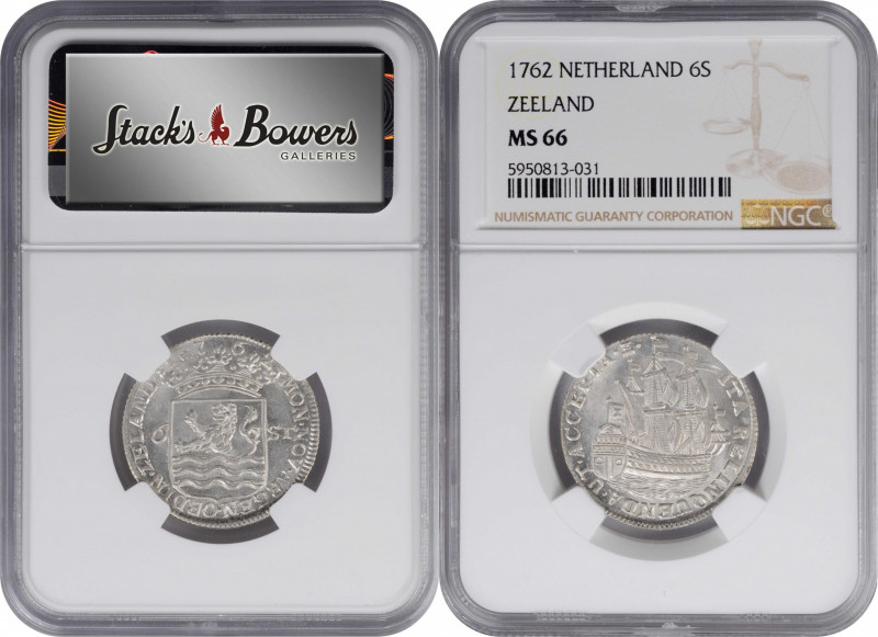 NETHERLANDS. Zeeland. 6 Stuivers, 1762. NGC MS-66.

KM-90.2. Exceptionally arg...