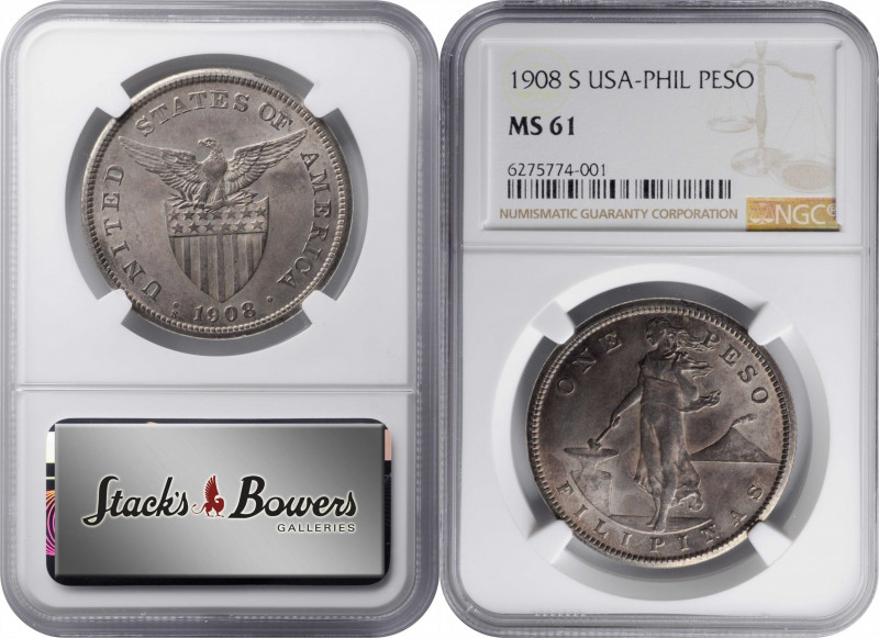 PHILIPPINES. Peso, 1908-S. San Francisco Mint. NGC MS-61.

KM-172; Allen-17.03...