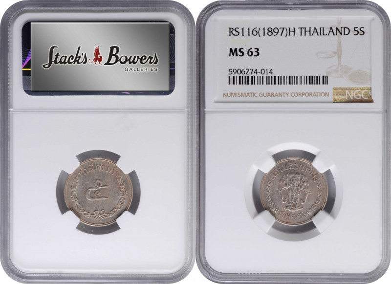 THAILAND. 5 Satang, RS 116 (1897)-H. Heaton Mint. Rama V. NGC MS-63.

KM-Y-25....