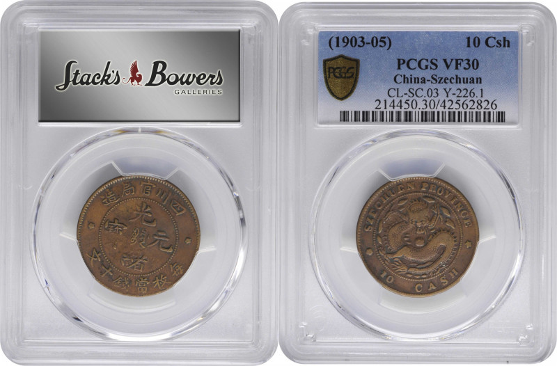 CHINA. Szechuan. 10 Cash, ND (1903-05). PCGS VF-30.

CL-SC.03; KM-Y-226.1. Fea...