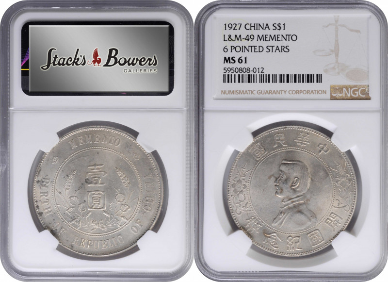 CHINA. Dollar, ND (1927). NGC MS-61.

L&M-49; K-608; KM-Y-318a; WS-0160. High ...