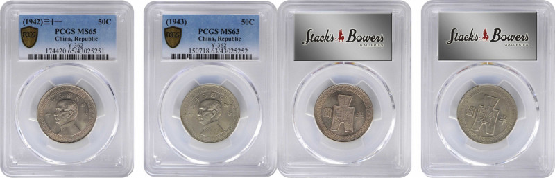 CHINA. Duo of 50 Cents (2 Pieces), Years 31 & 32 (1942 & 1943). Both PCGS Certif...