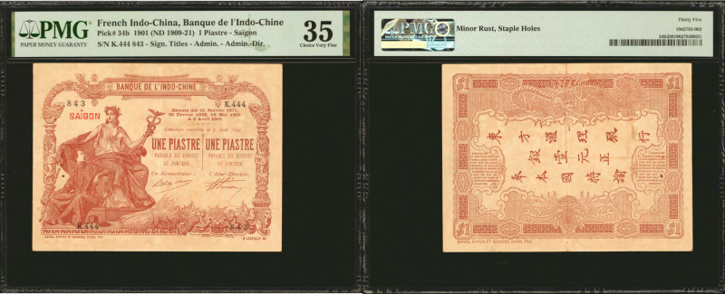 FRENCH INDO-CHINA. Banque de l'Indo-Chine. 1 Piastre, 1901 (ND 1909-21). P-34b. ...