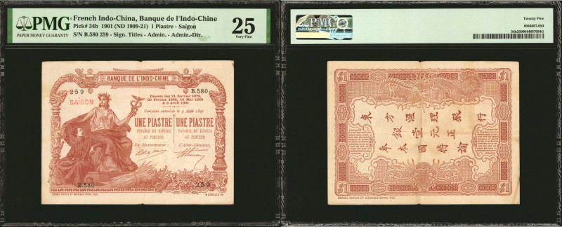 FRENCH INDO-CHINA. Banque de L'Indo-Chine. 1 Piastre, 1901 (ND 1909-21). P-34b. ...