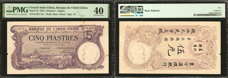 FRENCH INDO-CHINA. Banque de L'Indo-Chine. 5 Piastres, 1920. P-40. PMG Extremely...