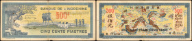 FRENCH INDO-CHINA. Banque de L'Indo-Chine. 500 Piastres, 1944-45. P-68. Fine.

Pinholes/staple holes, rust/damage and edge wear are noticed.

Esti...