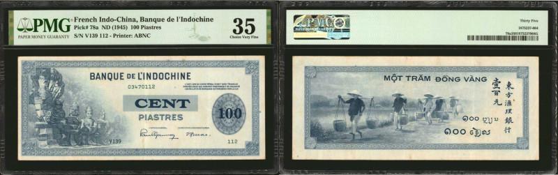 FRENCH INDO-CHINA. Banque de L'Indochine. 100 Piastres, ND (1945). P-78a. PMG Ch...