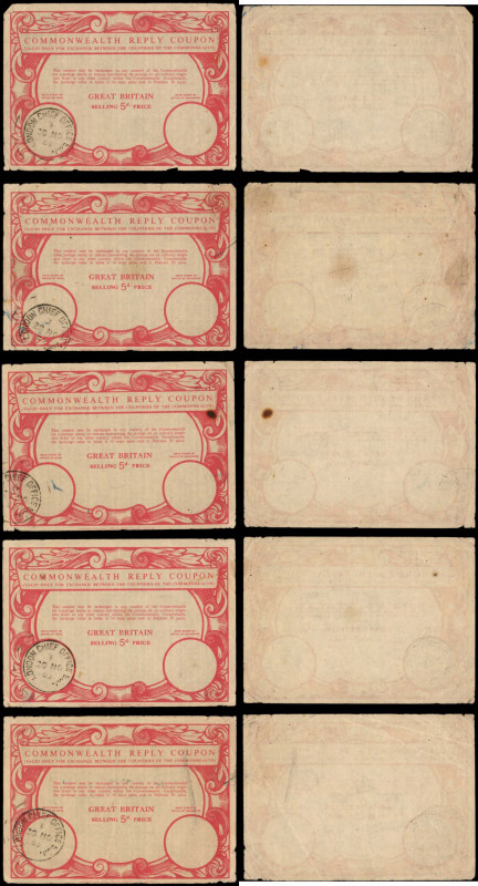 GREAT BRITAIN. Lot of (5) Commonwealth Reply Coupons. 5 Cents, 1960s. P-Unlisted...