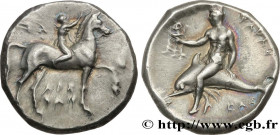 CALABRIA - TARAS
Type : Nomos, statère ou didrachme 
Date : c. 302 AC. 
Mint name / Town : Tarente, Calabre 
Metal : silver 
Diameter : 21,5  mm
Orien...