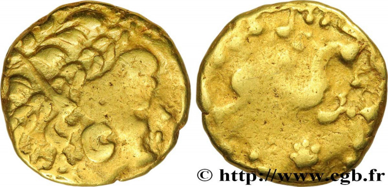 AMBIANI (Area of Amiens)
Type : Statère d'or biface au flan court 
Date : c. 80-...