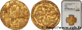 PHILIP VI OF VALOIS
Type : Royal d'or 
Date : 02/05/1328 
Date : n.d. 
Metal : gold 
Millesimal fineness : 1000  ‰
Diameter : 26,5  mm
Orientation die...