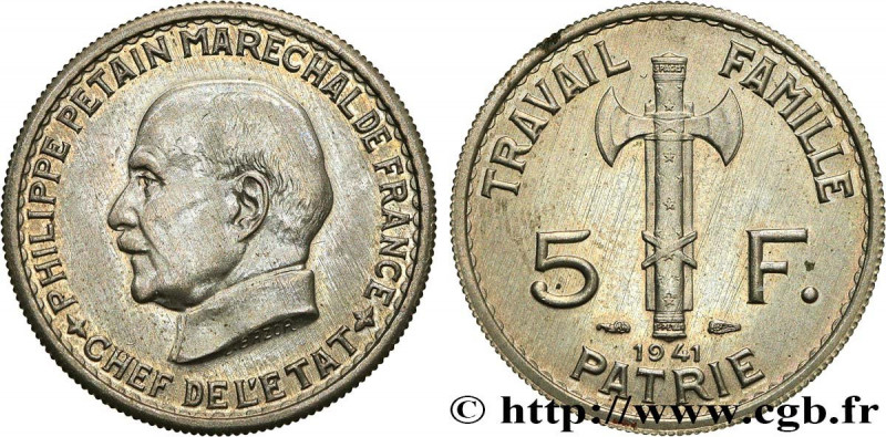 FRENCH STATE
Type : Pré-série de 5 francs Pétain, légère 
Date : 1941 
Mint name...