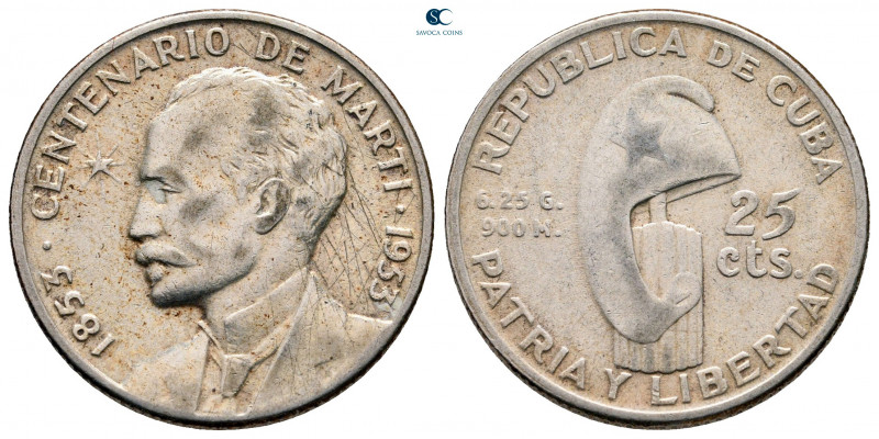 Cuba. AD 1853-1953.
25 Centavos

24 mm, 6,30 g



very fine