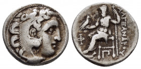 KINGS of MACEDON.Alexander III.(336-323 BC).Kolophon.Drachm.

Obv : Head of Herakles right, wearing lion skin.

Rev : AΛEΞANΔPOY.
Zeus seated lef...