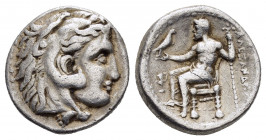 KINGS of MACEDON.Alexander III.(336-323 BC).Uncertain in Greece or Macedonia.Drachm.

Obv : Head of Herakles right, wearing lion skin.

Rev : AΛΕΞ...