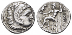 KINGS of MACEDON. Alexander III.(336-323 BC).Kolophon.Drachm.

Obv : Head of Herakles right, wearing lion skin.

Rev : AΛEΞANΔPOY.
Zeus seated le...