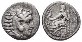 KINGS of MACEDON. Alexander III.(336-323 BC).Miletos. Drachm.

Obv : Head of Herakles right, wearing lion skin.

Rev : AΛEΞANΔPOY.
Zeus seated le...