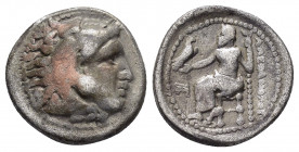 KINGS of MACEDON. Alexander III.(336-323 BC).Miletos. Drachm.

Obv : Head of Herakles right, wearing lion skin.

Rev : AΛEΞANΔPOY.
Zeus seated le...