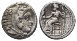 KINGS of MACEDON. Alexander III.(336-323 BC). Miletos.Drachm.

Obv : Head of Herakles right, wearing lion skin.

Rev : AΛEΞANΔPOY.
Zeus seated le...