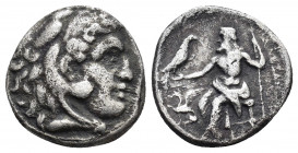 KINGS of MACEDON. Alexander III.(336-323 BC).Lifetime issue.Drachm.

Obv : Head of Heracles right wearing skin of lion's head with mane.

Rev : AΛ...