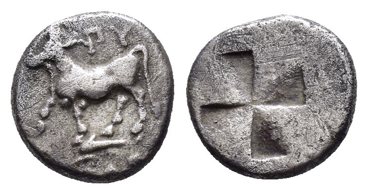 THRACE.Byzantion.(Circa 340-320 BC).1/10 Stater.

Obv : ΠY.
Bull standing left o...