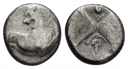 THRACE.Chersonesos.(Circa 350-330 BC.).Hemidrachm.

Obv : Forepart of lion right, looking back, right foreleg raised.

Rev : Quadripartite incuse; A a...
