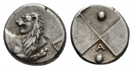 THRACE.Chersonesos.(Circa 350-330 BC.).Hemidrachm. 


Obv : Forepart of lion right, looking back, right foreleg raised.

Rev : Quadripartite incuse; p...