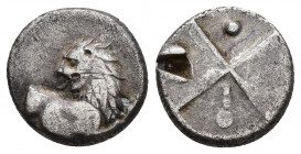 THRACE.Chersonesos.(Circa 350-330 BC.).Hemidrachm. 

Obv : Forepart of lion right, looking back, right foreleg raised.

Rev : Quadripartite incuse.
 
...