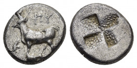 THRACE.Byzantion.(Circa 340-320 BC).1/5 Stater.

Obv : ΠY.
Bull standing left on dolphin.

Rev : Quadripartite millsail incuse.
SNG BM Black Sea 36-41...