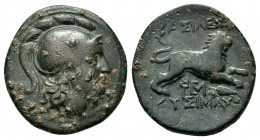 KINGS OF THRACE. Lysimachos.(305-281 BC).Lysimacheia.Ae.

Obv : Helmeted head of Athena right.

Rev : ΒΑΣΙΛΕΩΣ ΛΥΣΙΜΑΧΟΥ.
Lion leaping right; kerykeio...