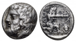 ISLANDS of THRACE.Thasos.(Circa 411-340 BC).Drachm.

Obv : Wreathed head of Dionysos left.

Rev : ΘΑΣΙΟΝ.
Herakles kneeling right in archer's stance, ...