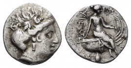 EUBOEA.Histiaea.(Circa 196-146 BC).Tetrobol.

Obv : Head of nymph Histiaea to right.

Rev : IΣTI-AIEΩN.
Nymph Histiaea seated right on galley stern de...
