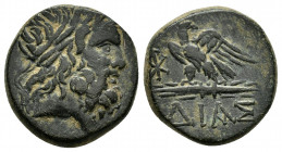 BITHYNIA. Dia.(Circa 85-65 BC).Ae.

Obv : Laureate head of Zeus to right.

Rev : ΔΙΑΣ.
Eagle standing left on thunderbolt, head right; monograms to le...