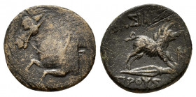 KINGS of BITHYNIA. Prusias II.(182-149 BC).Nikomedeia.Ae.

Obv : Forepart of horse left.

Rev : ΒΑΣΙΛΕΩΣ ΠΡΟΥΣΙΟΥ.
Boar advancing right on spear head;...