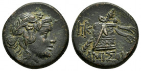 PONTOS.Time of Mithradates VI Eupator.(105-85 BC).Ae.

Obv : Head of Dionysos right, wearing ivy wreath.

Rev : AMIΣOY.
Thyrsos leaning against cista ...