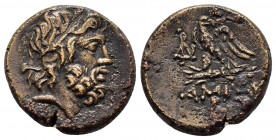 PONTOS.Amisos.Mithradates VI.(Circa 85-65 B)C.Ae.

Obv : Laureate head of Zeus right.

Rev : AMIΣOY.
Eagle standing left on thunderbolt, wings open, h...