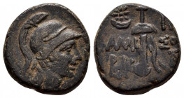 PONTOS.Amisos.Time of Mithradates VI.(Circa 111-90 BC).Ae.

Obv : Helmeted head of Ares to right.

Rev : AMIΣOY.
Sword in sheath; star with crescent t...