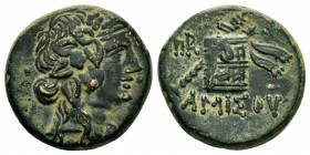 PONTOS. Amisos. Time of Mithradates VI Eupator (Circa 105-90 or 90-85 BC). Ae.

Obv : Head of Dionysos right, wearing ivy wreath.

Rev : AMIΣOY.
Thyrs...