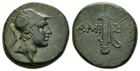PONTOS.Amisos.Time of Mithradates VI.(Circa 111-90 BC).Ae.

Obv : Helmeted head of Ares to right.

Rev : AMI-ΣOY.
Sword in sheath.
SNG BM Black Sea 11...