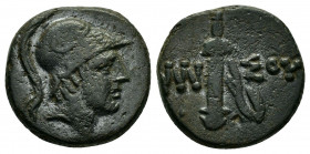 PONTOS.Amisos.Time of Mithradates VI.(Circa 85-65 BC).Ae.

Obv : Helmeted head of Ares to right.

Rev : AMI-ΣOY.
Sword in sheath.
 BMC 13.

Condition ...