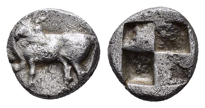 ASIA MINOR. Uncertain.(Circa 5th century BC).Hemiobol.

Obv : Bull standing left...