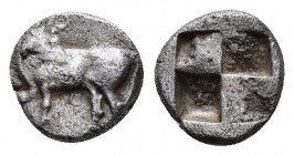 ASIA MINOR. Uncertain.(Circa 5th century BC).Hemiobol.

Obv : Bull standing left, head to right.

Rev : Quadripartite incuse square.
Not in the standa...