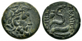 MYSIA. Pergamon.(Circa 133-27 BC).Ae.

Obv : Laureate head of Asklepios right.

Rev : ΑΣΚΛΕΠΙΟΥ ΣΩΤΗΡΟΣ.
Omphalos entwined by serpent erect right.
SNG...