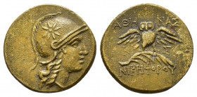 MYSIA.Pergamon.(Circa 200-133 BC).Ae.

Obv : Head of Athena right, wearing helmet decorated with star.

Rev : AΘHNAΣ / NIKHΦOPOY.
Owl standing facing ...