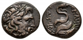 MYSIA.Pergamon.(Mid-late 2nd century BC).Ae.

Obv : Laureate head of Asklepios right.

Rev : AΣKΛHΠIOY ΣΩTHPOΣ.
Serpent-entwined staff.
SNG France 183...