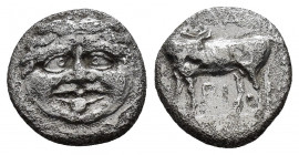 MYSIA.Parion.(4th century BC).Hemidrachm.

Obv : Gorgoneion.

Rev :ΠA–PI.
Bull standing left, head right; six-pointed star below.
SNG France 1368-70. ...