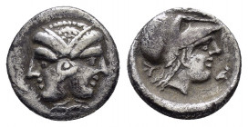 MYSIA.Lampsakos.(Circa 500-450 BC).Obol.

Obv : Janiform female head.

Rev : Head of Athena to left, wearing Corinthian helmet, all within incuse squa...