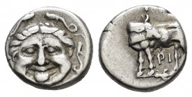 MYSIA.Parion.(4th century BC).Hemidrachm.

Obv : Gorgoneion.

Rev : ΠA–PI.
bull standing left, head right; six-pointed star below.
SNG France 1368-70....