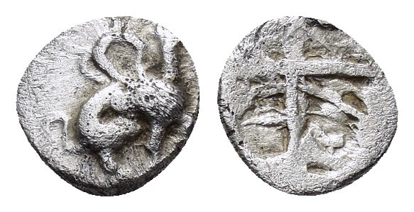IONIA.Teos.(Circa 500-460 BC).Obol.

Obv : Griffin seated right.

Rev : Quadripa...