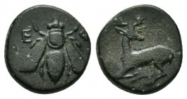 IONIA. Ephesos.(Circa 390-300 BC).Ae.

Obv : Ε - Φ.
Bee.

Rev : MOPIMOΣ.
Stag prancing left, head right; astragalos to right.
BMC 65.

Condit...